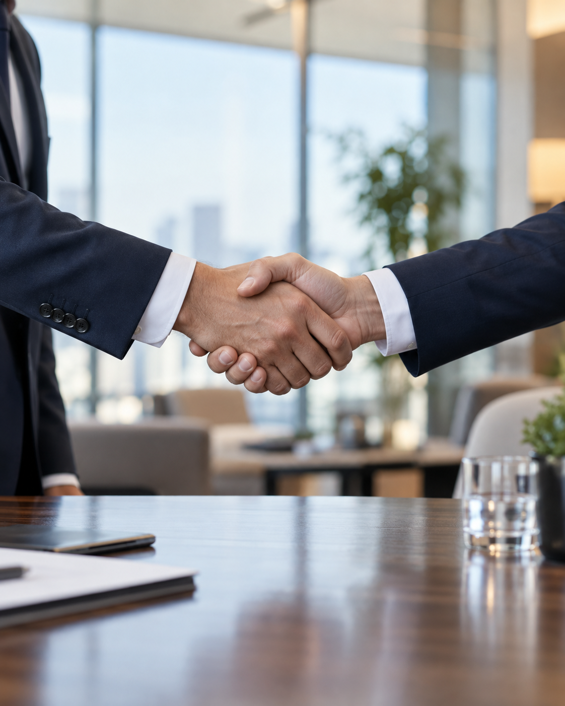Professionals shaking hands in a corporate indoor setting